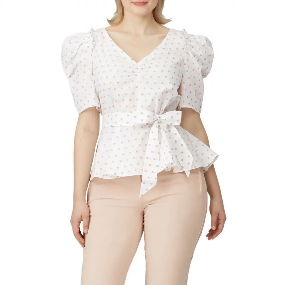 Kate Spade White Puff Sleeve Blouse with Pink Dots 8